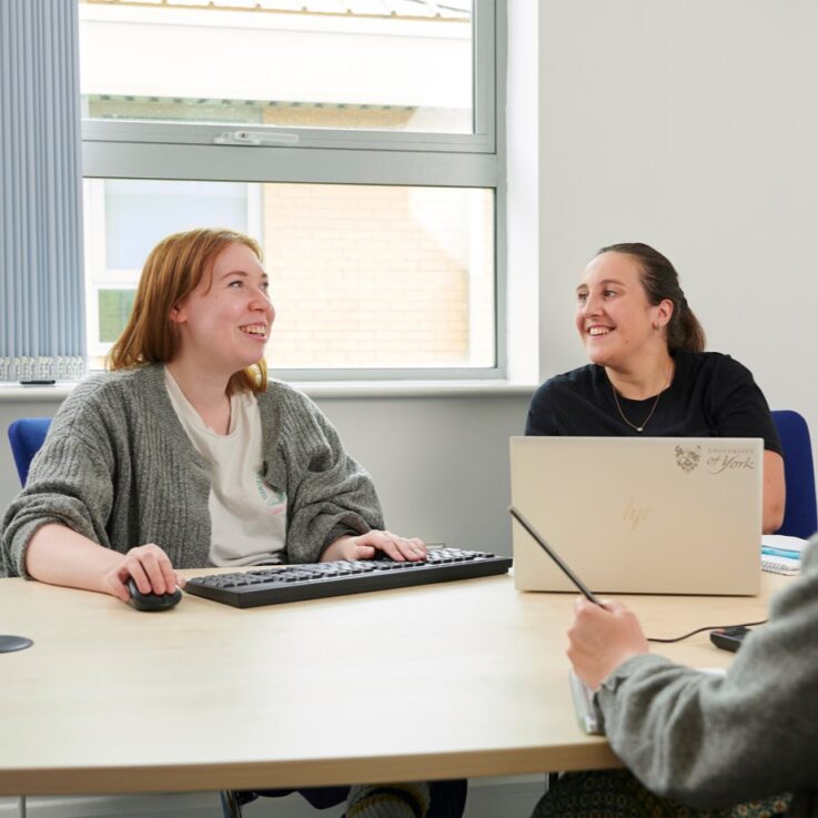 Two women working together in a meeting room, in front of a laptop