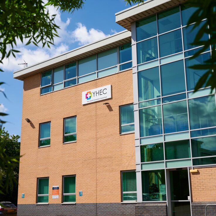 A photo of the YHEC office on a sunny, blue sky day. The leaves of some trees frame the edge of the photo.