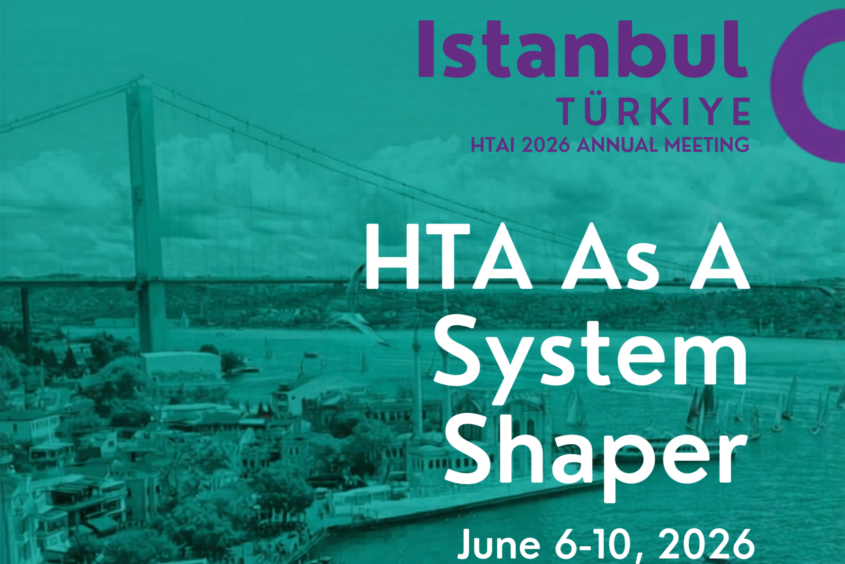 The text HTAi 2026 Annual Meeting logo, theme ("HTA as a system shaper") and day (June 6-10, 2026) is civible against a photo of Istanbul with a green overlay.