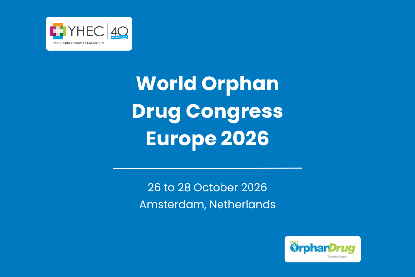 A blue infographic with the YHEC logo in the upper left corner. Below this, the text reads: "World Orphan Drug Congress Europe 2026, 26 to 28 October 2026, Amsterdam, Netherlands". The WODC logo is located in the bottom right.