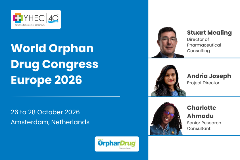A blue infographic with the YHEC logo in the upper left corner. Below this, the text reads: "World Orphan Drug Congress Europe 2026, 26 to 28 October 2026, Amsterdam, Netherlands". The WODC logo is located in the bottom right. On the right side of the graphic, there are three individual images of the YHEC staff attending and the text reads: "Stuart Mealing, Director of Pharmaceutical Consulting; Andria Joseph, Project Director; Charlotte Ahmadu, Senior Research Consultant".